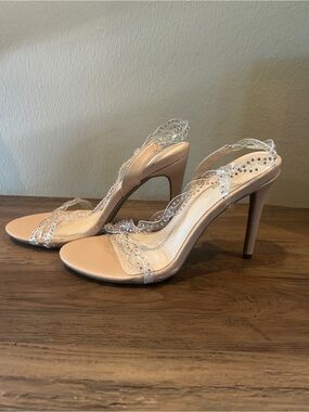 bebe Nude Stiletto Sandals with Clear Studded Straps